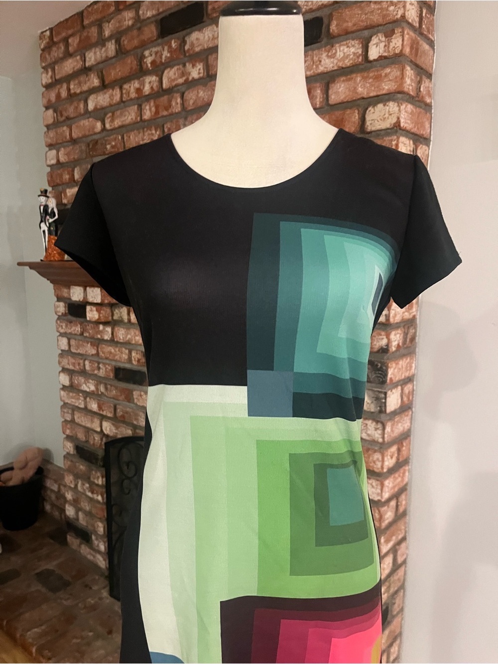 Desigual PTP 19 Black Shift Dress with Green, Teal & Pink Geometric Blocks . - Picture 2 of 3
